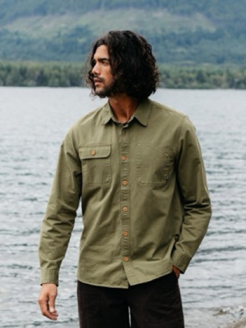 Finisterre Men’s XL Eddystone Shirt Organic Cotton Green Button Front